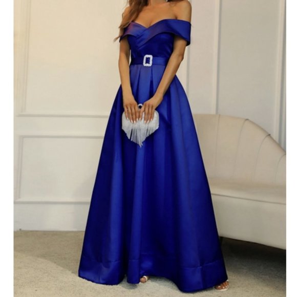 Chic Off Shoulder Boxy Pleated Split Thigh Prom Maxi Dress Blue - Picture 5 of 9